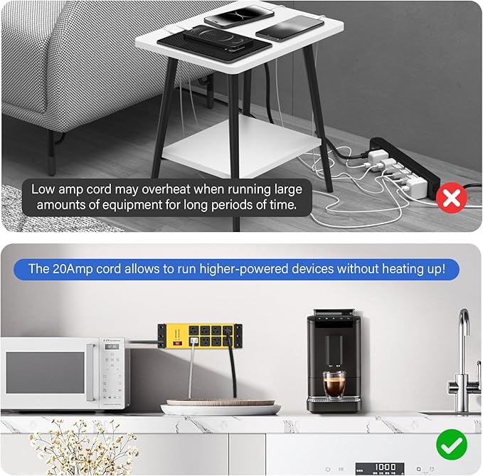 CCCEI Yellow Heavy Duty Power Strip Surge Protector 20 AMP, 8 Outlets 12 Gauge Industrial Shop Garage Metal Multiple Outlets, 20 FT Extension Cord 5-15P Adapter High Amp 6-20R T-Slot 20a for Appliance