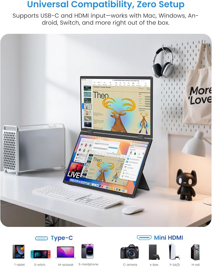 15.6" Dual-Screen Portable Monitor, 350 Nits 1200:1 FHD IPS Seamless Extended Display, Dual Device Connection, Type-C/HDMI, Anti-Glare Eye Care, 105° Foldable Stand for Work & Travel