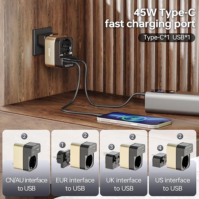Universal Travel Adapter, 2500W Power Rating, International Plug Set, Dual Type-C Fast Charging Ports