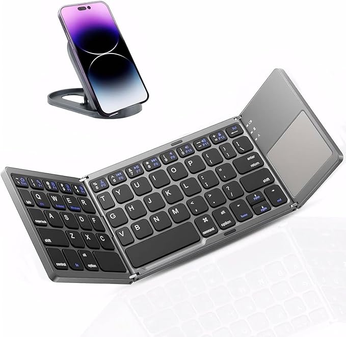 Foldable Bluetooth Keyboard with Touchpad - Portable Wireless Keyboard with Holder, Rechargeable Full Size Ultra Slim Pocket Folding Keyboards for Android Windows iOS Tablet & Laptop Travel Keyboards