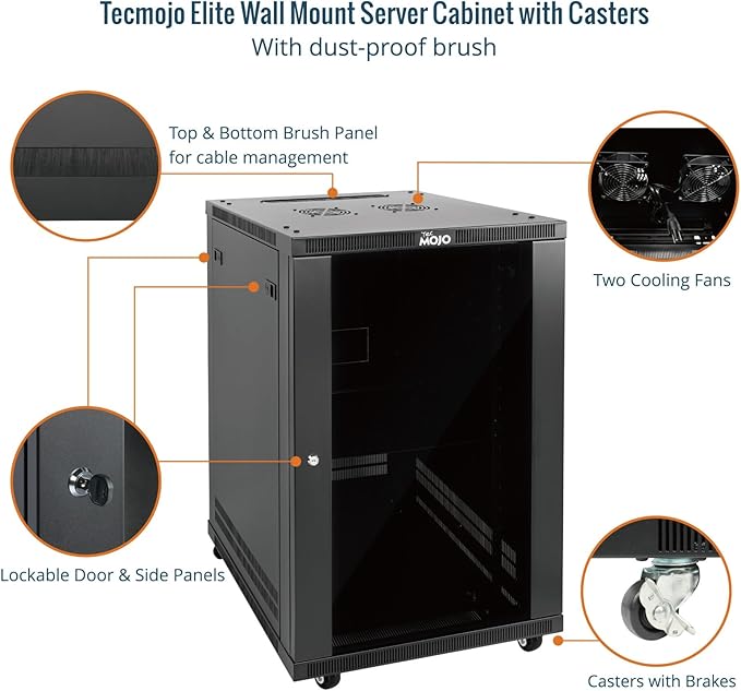Tecmojo 18U Wall Mount Rack,18U Rack 17.7 Inch Depth,Hold Up to 176 Lbs,Movable Enclosed Rack Kit for 19 Inch Network,Server and AV Gear,Glass Door(Elite Collection)