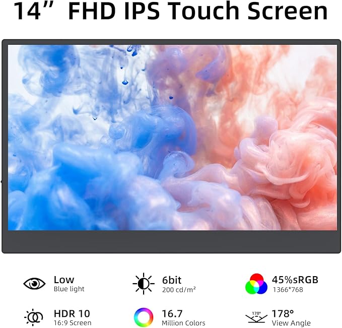 Portable Monitor, 14" HDMI USB-C IPS External Screen, Built-in Dual Speakers Gaming for Laptop PC Display with Stand, Plug & Play,Lightweight Small Monitor for On-The-Go Use,Black