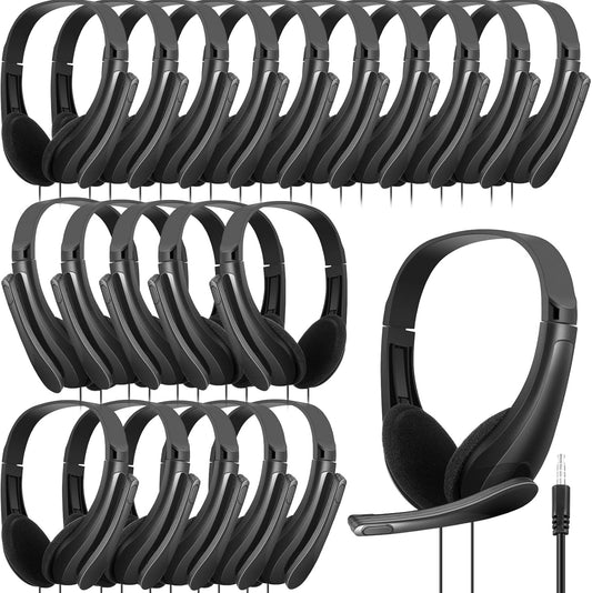 Yunsailing 20 Pack Bulk Classroom Headphones with Microphone Students Kids Wired School Class Set Headphones for School Library Computer Office Adults 3.5 Jack Universal Plug(Black)