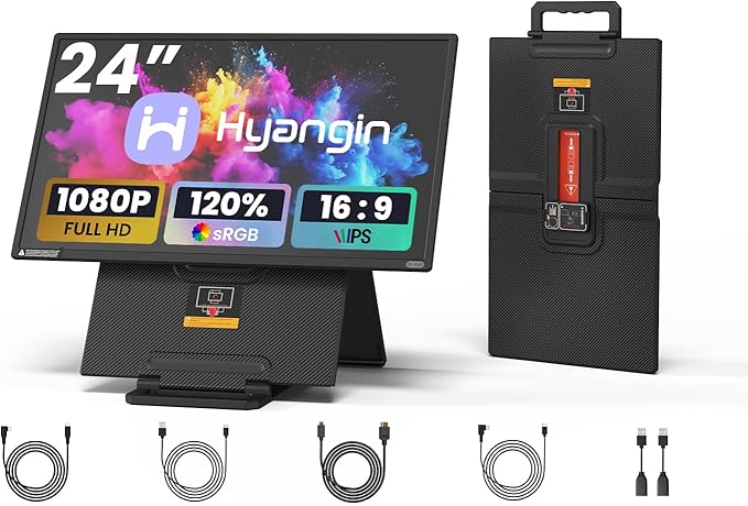 Hyangin 2025 Upgraded 24 Inch Large Portable Monitor for Laptop,1080P FHD 100Hz Portable Screen,120% sRGB IPS Portable Second Monitor with Adjustable Stand for Laptop, MacBook, Phones