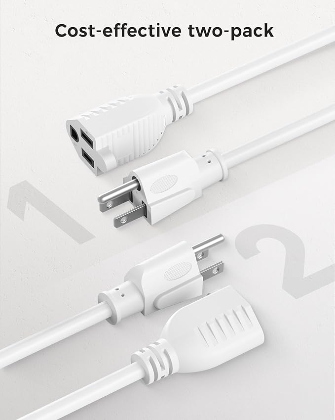 Cable Matters [UL Listed] 2-Pack 16 AWG Heavy Duty 13A Power Extension Cord - 6ft, 3 Prong Power Cord Extension, NEMA 5-15P to NEMA 5-15R, White