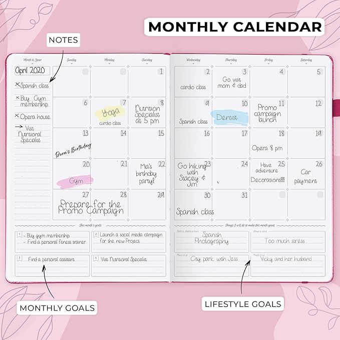 GoGirl Planner PRO Schedule - Undated Planner with Hourly Time Slots, Monthly, Weekly & Daily Organizer, Appointment Book for time Management, 7"x10" Hardcover, Lasts 1 Year - Fuchsia