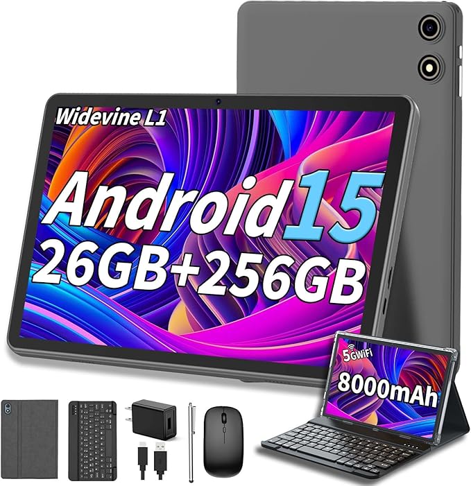 Android 15 Tablet with Keyboard, 26GB RAM+256GB ROM(2TB Expand), 10 inch tablet with 8000mAh Battery, 2.4G/5G WiFi, 5MP+13MP Dual Camera, Widevine L1, GMS Certified, Mouse, Case, Stylus(Silver)