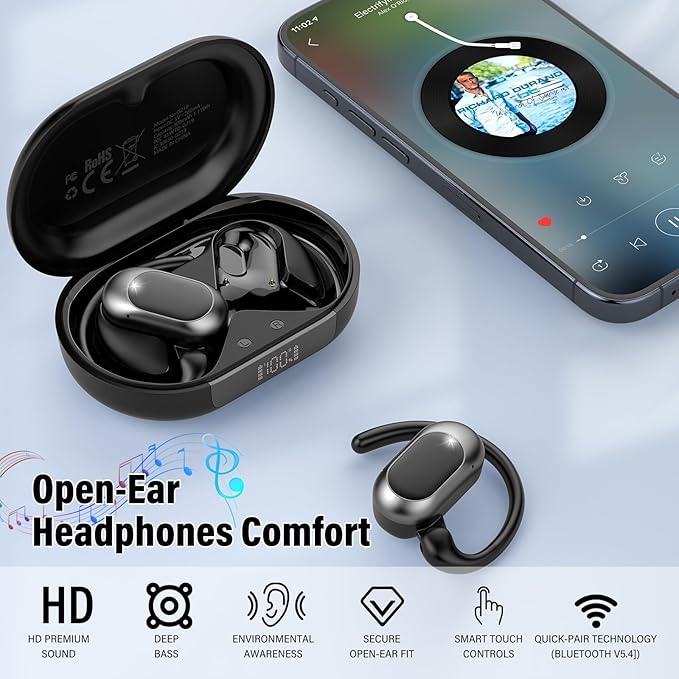 Open Ear Headphones, Bluetooth 5.4 Earphones 36H Playtime Air Conduction Headphones with Mic, Adjustable Earhook Earbuds with ENC Clear Calls/LED Display, IPX7 Waterproof Open Ear Earbuds Black