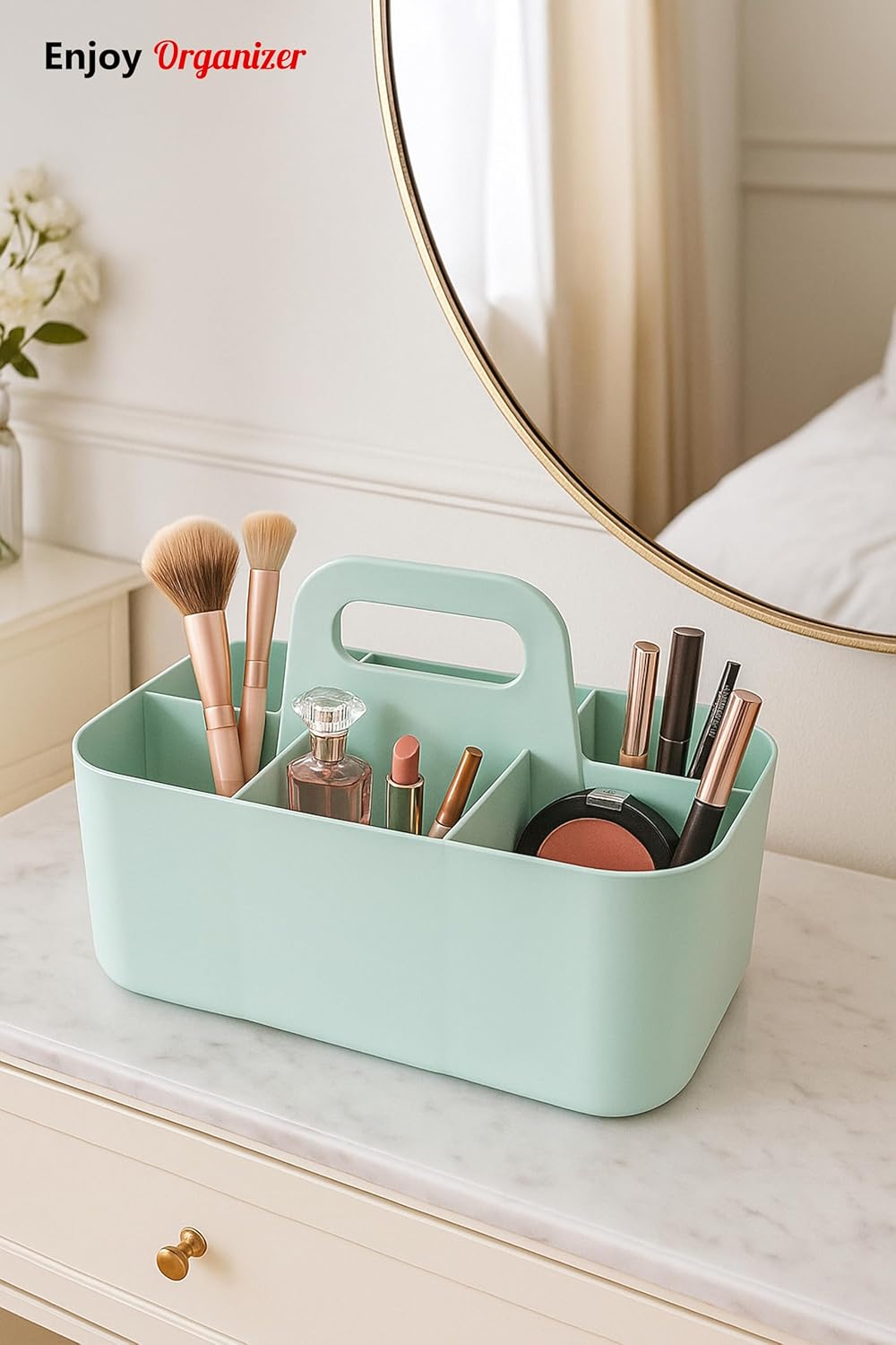 2 Pack Small 6 Compartment Multiuse Caddy Organizer with Handle Art Craft Supplies, Office, Desk, Stationery Pen Holder Stackable- Made In USA (Mint/Ivory)