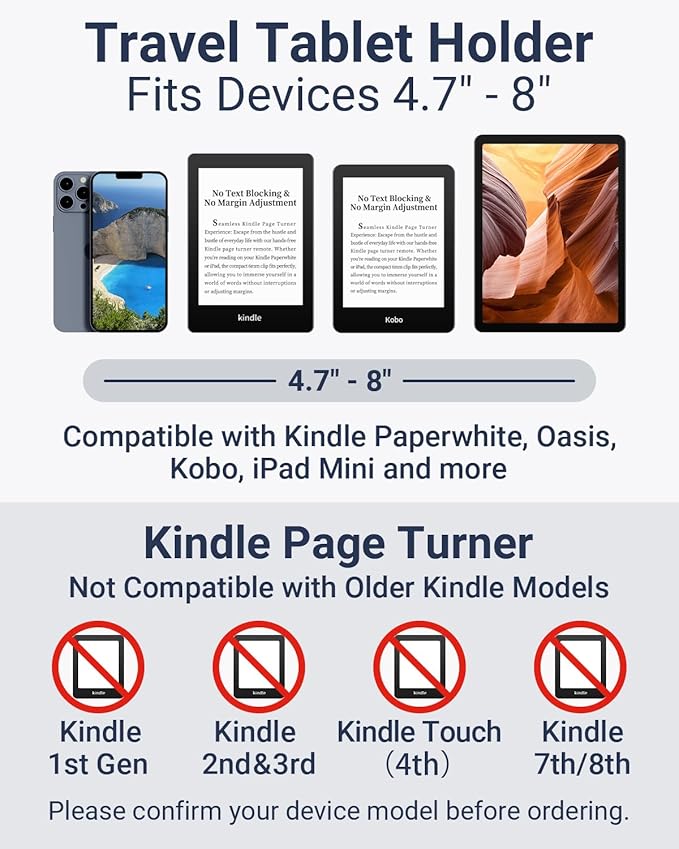 Kindle Travel Stand with Remote Page Turner – Foldable Kindle Holder and Clicker for Hands-Free Reading on Airplanes, Commutes & Camping