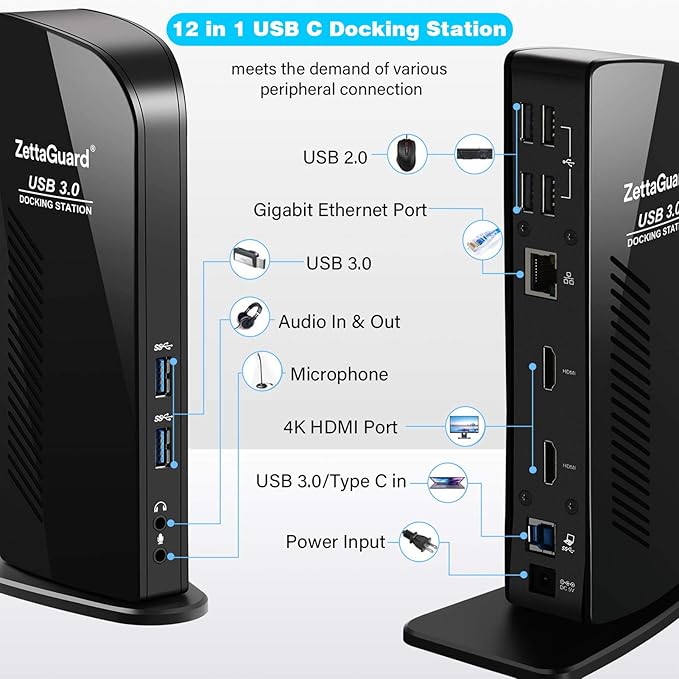 USB 3.0 and USB-C Universal Laptop Docking Station for Windows and Mac (Dual 4K Video HDMI, Gigabit Ethernet, 6 USB 3.0 Ports, 3.5 mm Audio)
