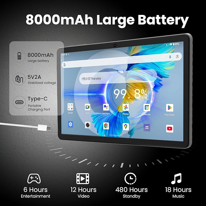 HUIHUANG Tablet 11 inch Android 15 Tablets, 20GB RAM 128GB ROM 1TB Expand, Octa-Core Processor, 1280x800 LCD Touch Screen, WiFi 5, BT5.0, Dual Camera, 8000mAh Battery (Blue)