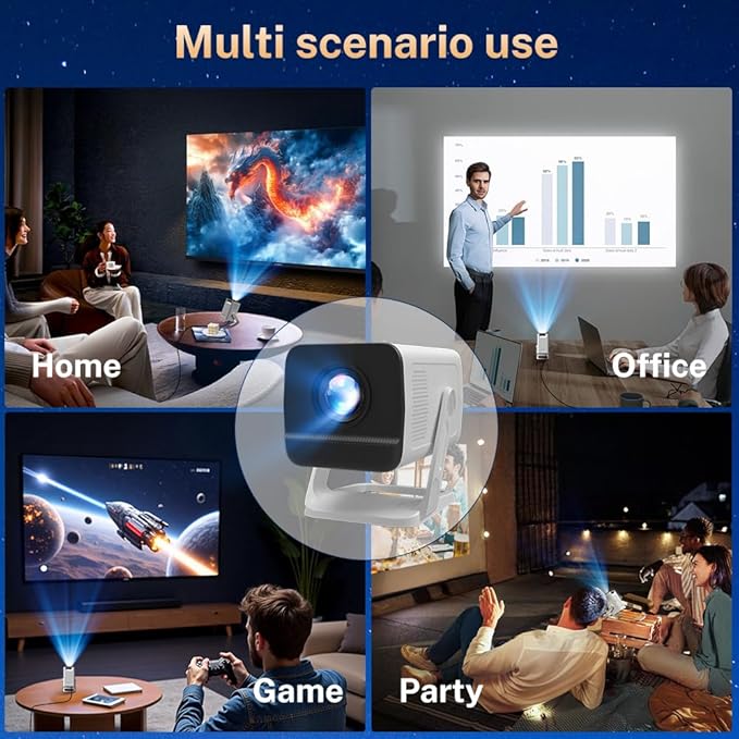 Mini Projector 1080P 4K Support with WiFi 6 and Bluetooth 5.4 Built-in Apps TV Android 11 Auto Keystone Outdoor Portable Projector Compatible with iOS/HDMI/TV Stick VisualCube 300