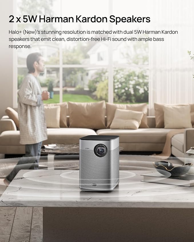 XGIMI Halo+ GTV NEW Portable Projector, Google TV with Licensed Netflix, 700 ISO Lumens, 2 x 5W Harman Kardon Speakers, Auto Focus, ISA, Wi-Fi, Built-in Battery with 2.5 Hours Playtime