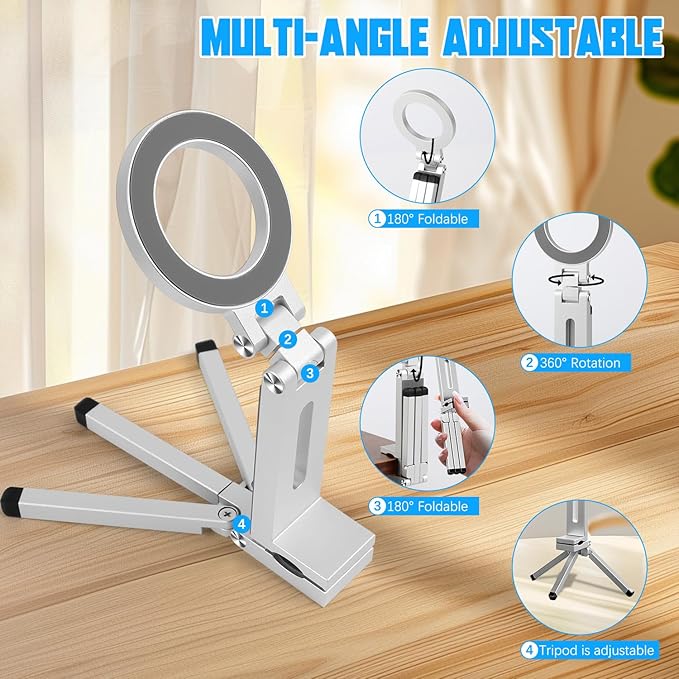 Magnetic Phone Tripod Stand for iPhone 16/15/14/13/12 Plus Pro Max Series, Aluminium Smartphone Mini Tripod Pocket Cellphone Stand, Adjustable and Foldable Magnetic Phone Holder Mountp