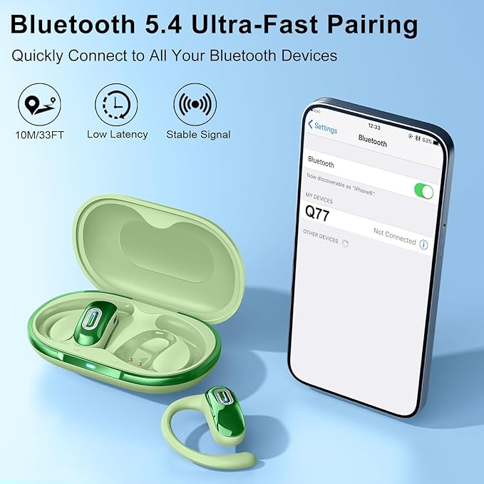 Open Ear Headphones, Bluetooth 5.4 Earbuds, 50H, Air Conduction Ear buds, HD Stereo Bass Over Ear Earphones with Earhooks, Ultra-Comfort Secure Fit, IPX7 Waterproof Headset for Working Sports, Green