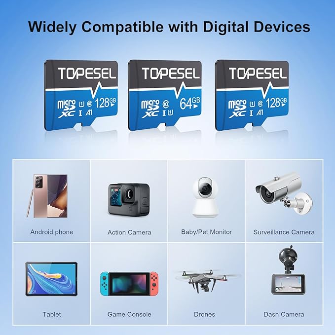 TOPESEL 128GB Micro SD Card Class 10 Micro SDXC Card 128GB UHS-1 Memory Card Ultra High Speed TF Card, C10, U1, 128 GB