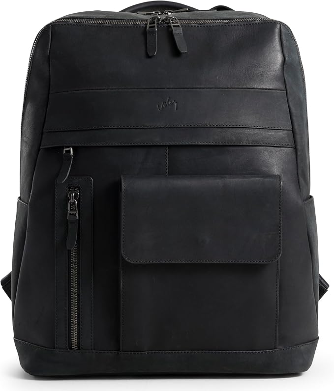 VELEZ Black Leather Backpack for Men & Women - Large Capacity Laptop Travel Backpack with 17" Sleeve - Vintage Travel Bag with Adjustable Straps, Multiple Pockets & Trolley Sleeve