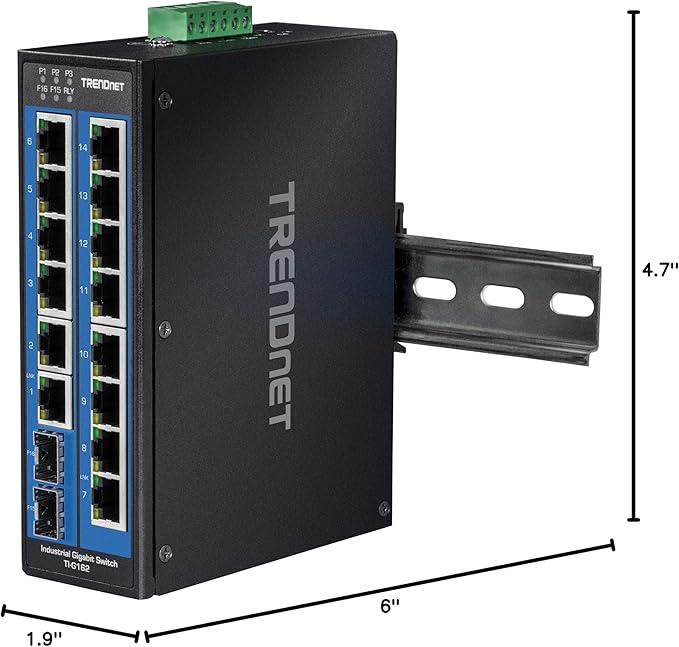 TRENDnet 16-Port Hardened Industrial Unmanaged Gigabit DIN-Rail Switch, TI-G162, 14 x Gigabit Ports, 2 x Gigabit SFP Slots,32Gbps Switching Capacity, IP30 Ethernet Network Switch, Lifetime Protection