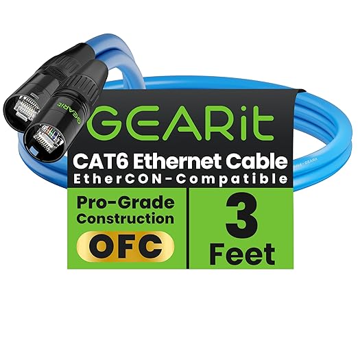 GEARit Shielded CAT6 Ethercon Cable (3 Feet) Professional Audio & Lighting RJ45 EtherCON-Compatible Cable for Studio, Stage, Concerts - 3ft Blue