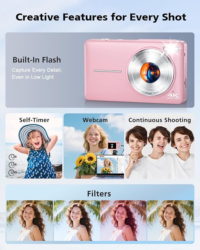 4K Digital Camera, 64MP Autofocus Vlogging Camera with Front Rear Lens, 32GB Card, Flash, 16X Zoom, Anti-Shake, Point Shoot Camera for YouTube Travel Teens Adult Beginner Photography(Pink)