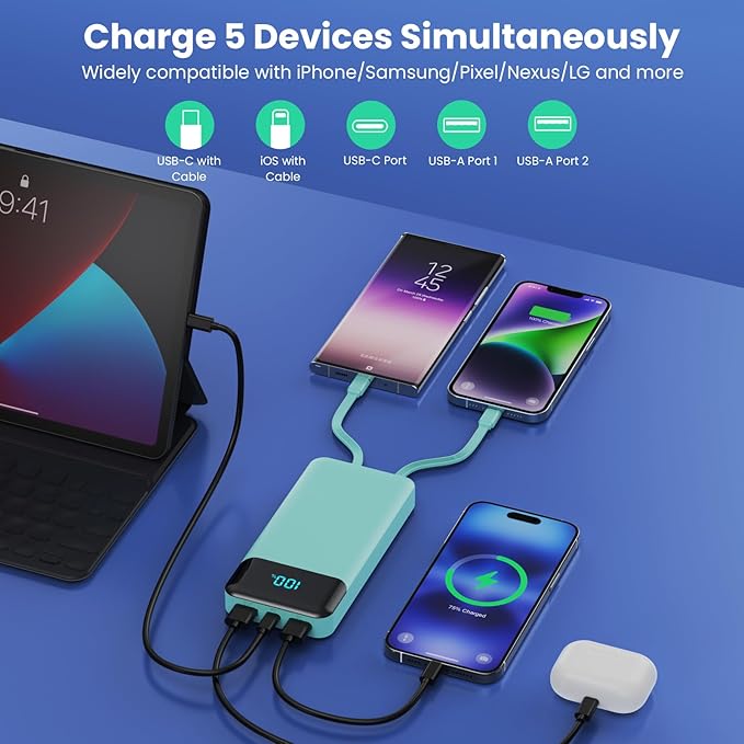 Portable Charger 40800mAh Power Bank with 3 Built-in Cables,PD 25W USB C in&Out Power Bank Fast Phone Charging,QC4.0 5 Output LED Display Battery Pack Compatible with iPhone 17/16,Galaxy,Android-Green
