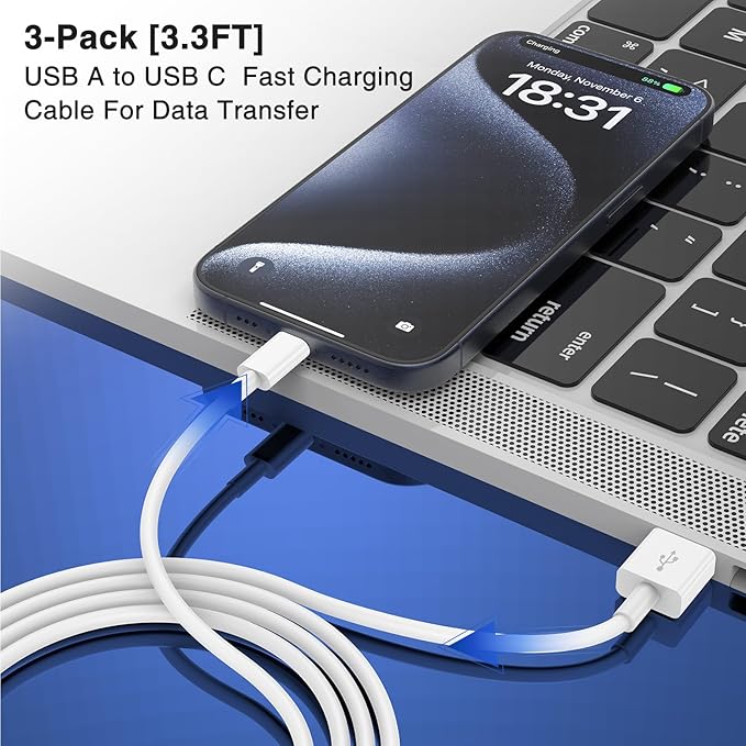 3-Pack 3.3FT USB A to USB C Cable Car Carplay Cable for iPhone 15 16 Pro Plus Pro Max，for iPad Pro/Air/Mini，for Samsung S24/S23/S22，for MacBook Pro/Air and More