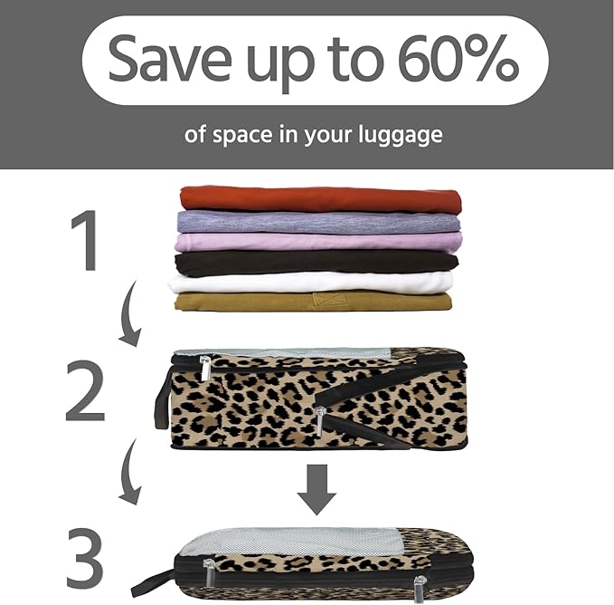 7 Pcs Compression Packing Cubes for Travel, Waterproof Suitcase Luggage Backpack Organizer with Toiletry Bag Travel Essentials for Women/Men-Leopard