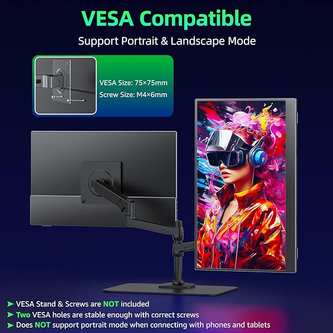 Portable Monitor 15.6 inch 1080P FHD 86% sRGB 60Hz, Travel Monitor for Laptop MacBook Surface PC Xbox PS5, HDMI Dual USB-C VESA Compatible Built-in Speaker