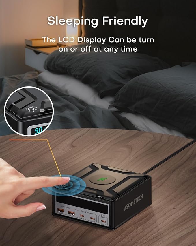 USB Charging Station,ASOMETECH 260W 5Ports Fast Charging Hub,140W PD3.1 USB C GaN Charger with LCD Display,Wireless Charger,Desktop Laptop Adapter for MacBook Pro/Air,iPad,iPhone,Samsung