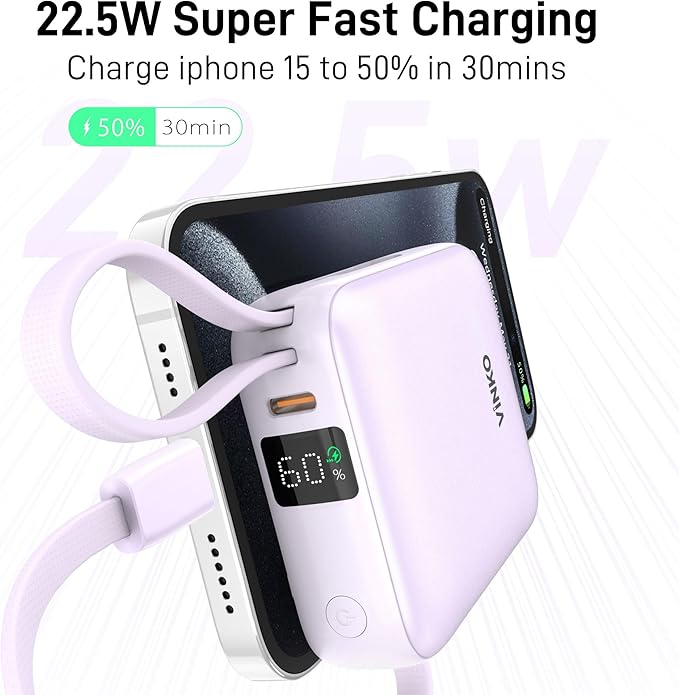 VINKO Portable Charger Power Bank with Built-in Cables, 22.5W Fast Charging 10000mAh Phone Charger, Small Travel Battery Pack with Smart LED Display for iPhone, Android & USB-C Devices(Purple)