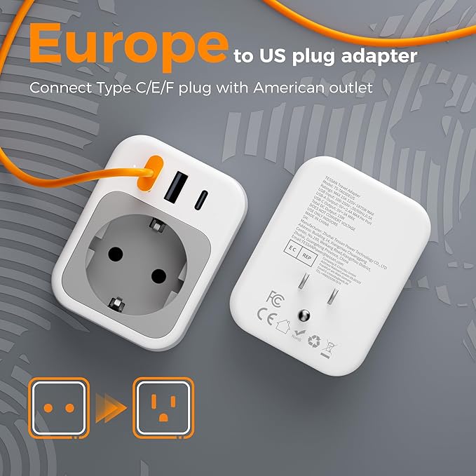 TESSAN EU to US Plug Adapter, European Travel Adaptor with 1 AC Outlet and 3 USB Ports(1 USB C), Most of Europe Germany France Korea Greece Type C/E/F Plugs to US Power Adapter