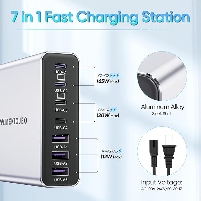Aluminum Alloy USB C Charger GaN Fast USB C Charging Station 7 Ports 65W Laptop Charger for MacBook Pro/Air/iPad Pro/iPhone (Silver-4C3A)
