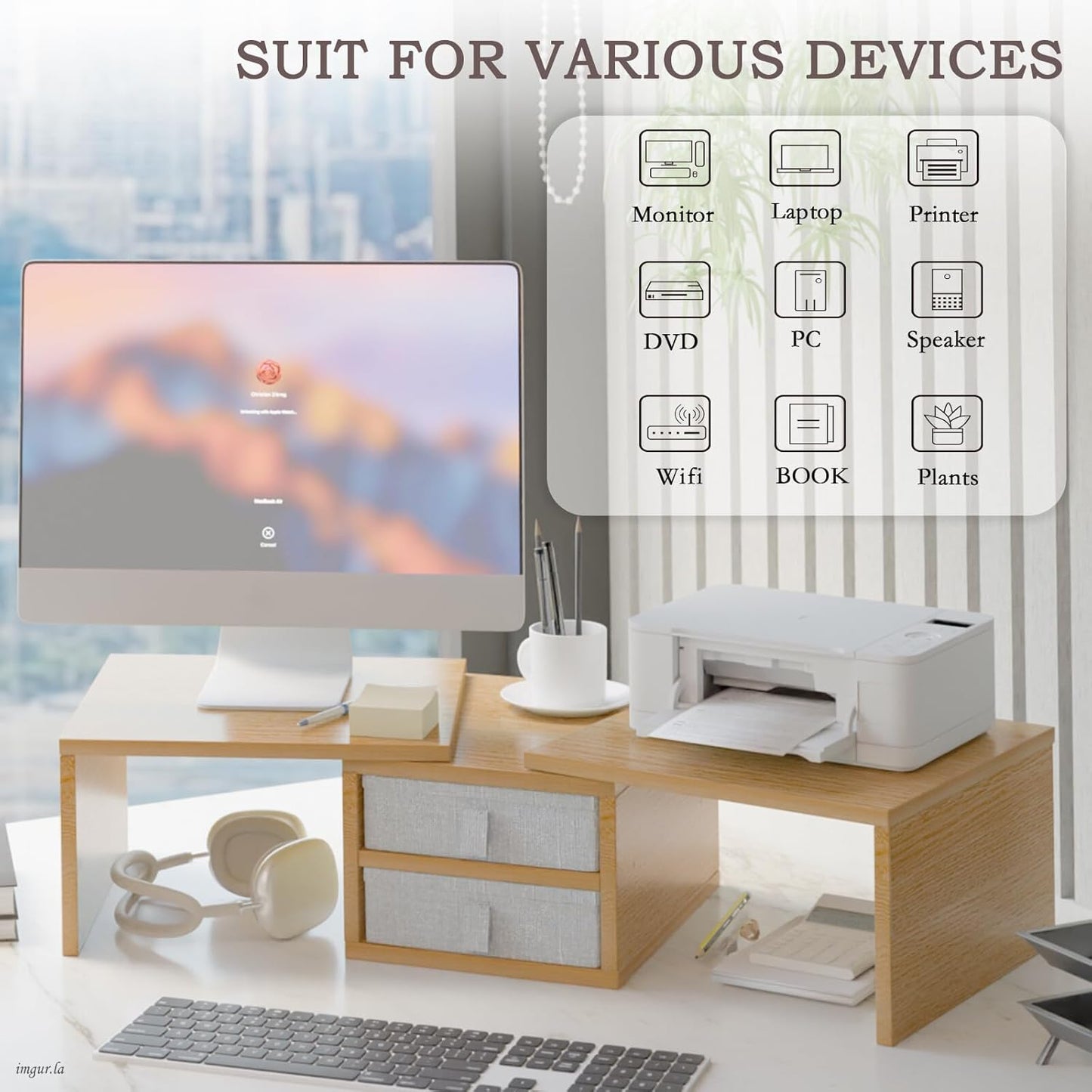 TEAMIX 42 inch Dual Monitor Stand Riser with 2 Drawers- Length and Angle Adjustable 3 shelf Riser with Storage Desk Organizer Computer Monitor Stand for 2 Monitors/Laptop/PC,Screen/TV Stand Riser