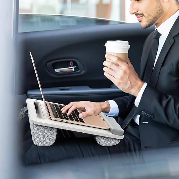 Besign LT08 Laptop Stand, Portable Lap Desk with Pillow Cushion, Fits up to 14 inch Laptop, with Anti-Slip Strip for Desk, Sofa & Bed, White and Gray