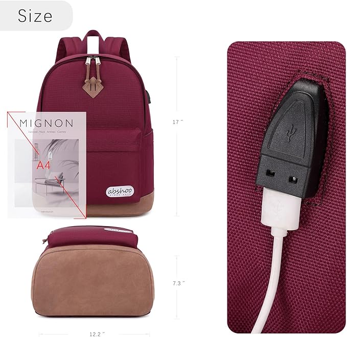 abshoo Basic Classical School Backpack For Middle High School Water Resistant Bookbag College Travel Daypack (Wine Red)