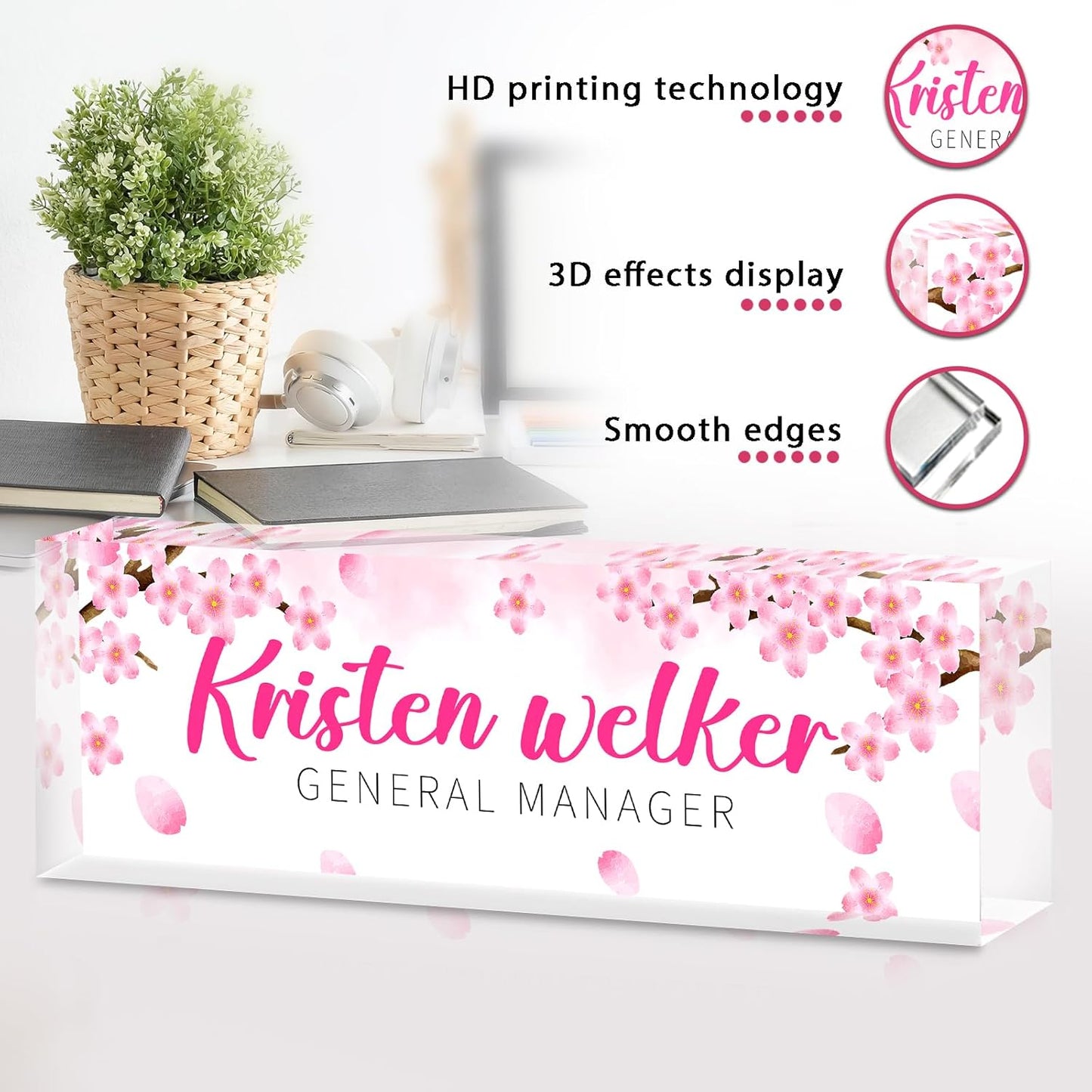 Personalized Name Plate for Desk - Custom Engraved Name Plates for Woman - Boss Day Gifts for Ladies- Pink Office Decor Appreciation Gifts for Teacher Nurse Coworker Social Worker (cherry blossom)