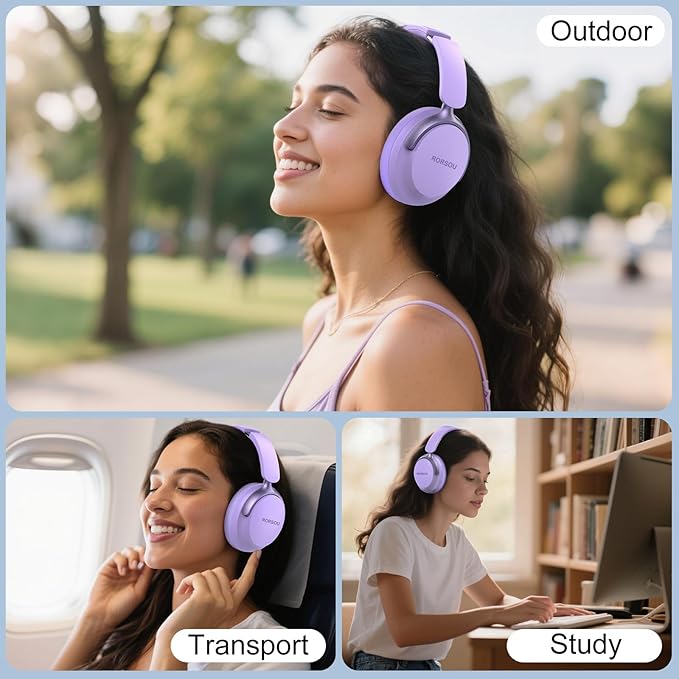 RORSOU B8 Bluetooth Headphones Over Ear, 6 EQ Music Modes and 50H Playtime Deep Bass Wireless Headphones with Mic, Lightweight Folding HiFi Stereo Headset for iPad/Travel/Tablet/PC/Home Purple