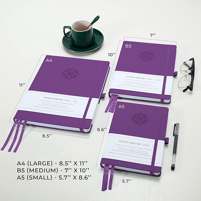 Smart Planner Pro – Undated Daily Planner – Medium B5 – Achieve Goals & Increase Productivity with Weekly, Monthly, Work Sections - Organizer Planner with Back Pocket, 3 Satin Bookmarks & Pen Holder