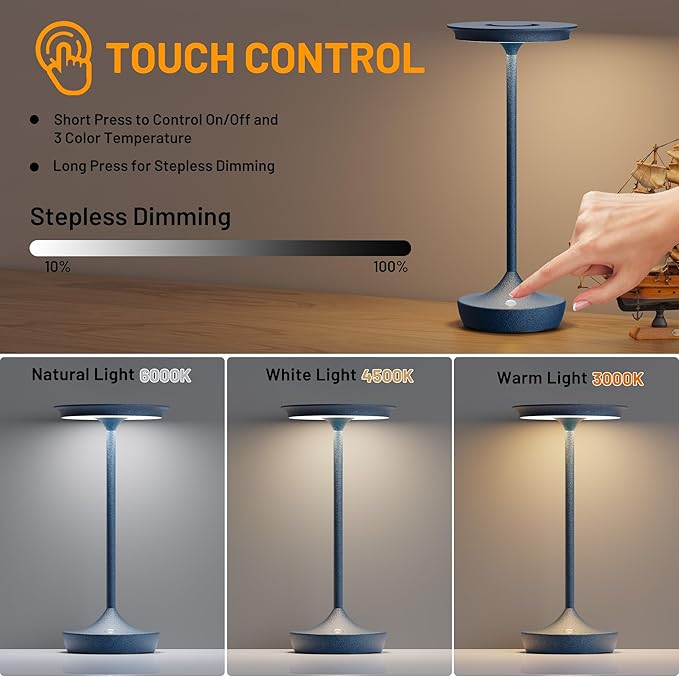 LED Cordless Table Lamps Rechargeable - Outdoor Battery Operated Portable Table Light 3 Color Stepless Dimming Tables Lamp with Memory Function for Patio Restaurant Dining 2 Pack Blue