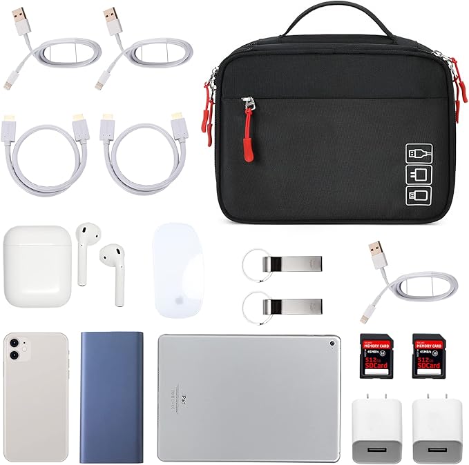 MIRLEWAIY Travel Charger Cable Organizer Portable Electronics Accessories Carrying Bag Waterproof Cord Storage Case Double Layer for Hard Drives, Phone, USB, SD Card, Black