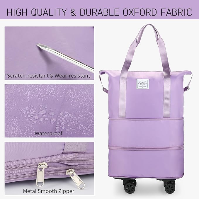 VOOWO Rolling Duffle Bag, Expandable Foldable Carry On, Large Weekend Bag with Spinner Wheels, 28-58L, Purple