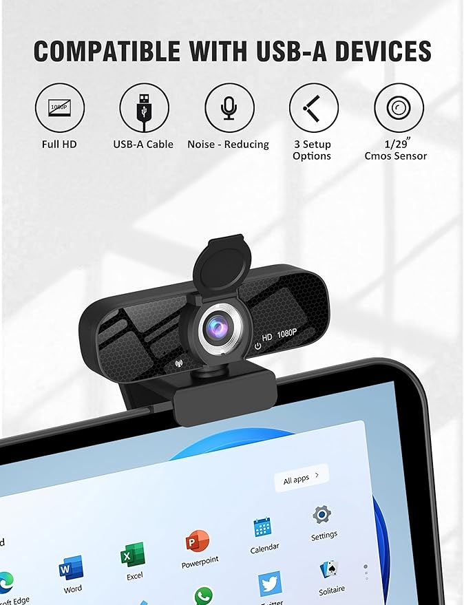 1080P Webcam with Microphone and Rotatable Tripod Wide Angle Camera for Desktop PC or Laptop Computer,Plug and Play, for Zoom/Skype/Teams, Conferencing and Video Calling