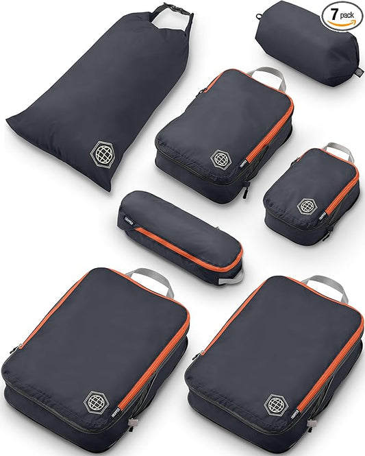 Large Compression Packing Cubes for Travel-Packing Cube Luggage Organizers 7 Piece Set for Checked Luggage-Ultralight, Expandable/Compression Bags by TRIPPED Travel Gear (Grey/Orange)