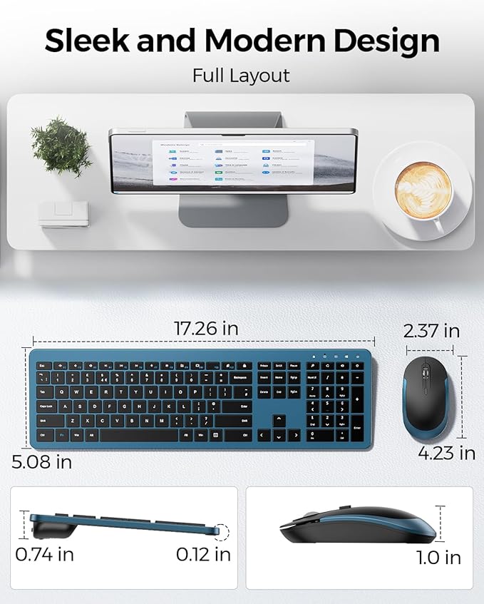 Wireless Keyboard and Mouse Combo - Full Size Slim Thin Wireless Keyboard Mouse with Numeric Keypad 2.4G Stable Connection Adjustable DPI (Dark Blue)