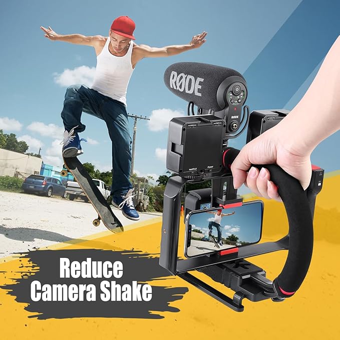 Zeadio Camera Handheld Stabilizer with Smartphone Video Cage Rig, Triple Cold-Shoe Handle Grip Compatible with All Camera Action Camera DSLR Smartphone