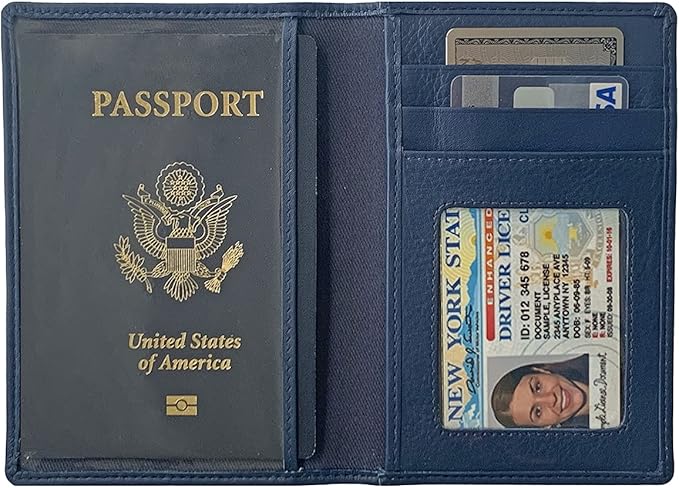 Personalized Monogrammed Navy Leather RFID Passport Wallet and 2 Luggage Tags