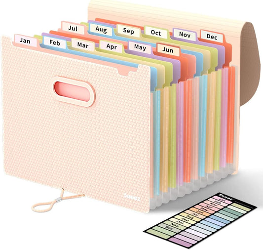 Sooez Upgraded Accordion File Organizer, Expanding File Folder with Deeper 12 Pockets - Never Cover Up Index Tabs, Monthly Bill Paper Receipt Document Organizer, Letter A4 Size for Home Office School
