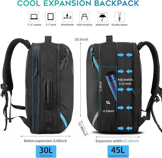 Travel Carry on Backpack, Extra Large Expandable 45L Backpack for Flight approved, 17.3" Laptop with USB Charging Port Backpacks, Water Resistant Computer Business Backpack for Men & Women
