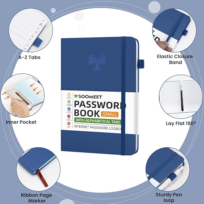 Password Book with Alphabetical Tabs, Hardcover Password Keeper, Size 4.4''x 6.1'' Password Notebook for Saving Internet Login, Username, Password Organizer for Computer & Website Logins, Blue